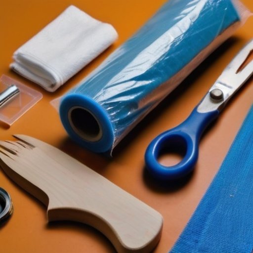 Организованное рабочее место для восстановления окон с инструментами и защитным оборудованием.