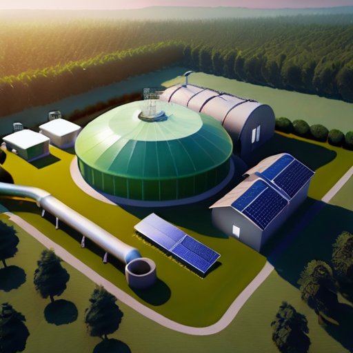 Схема биогазового завода с digesters, газовыми резервуарами и солнечными панелями, отражающая устойчивость и современные технологии.