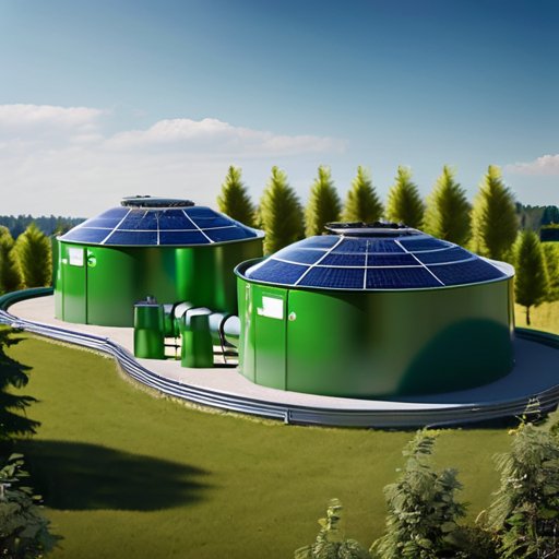 Современный биогазовый завод с зелеными дигестерами, солнечными панелями и оборудованием для переработки органических отходов на фоне зелени и ясного неба.