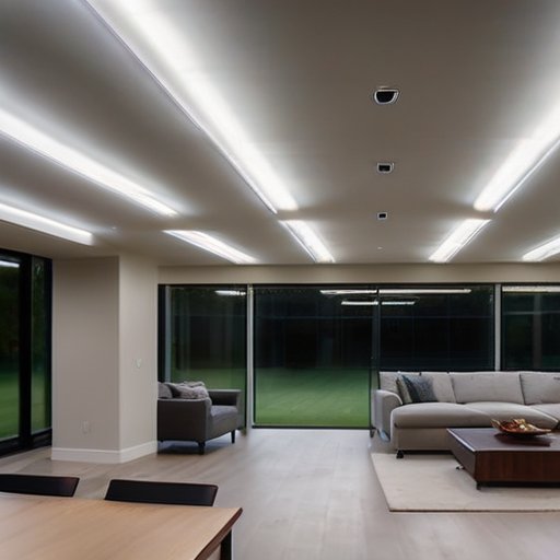 Современная энергоэффективная освещённость в доме с LED и флуоресцентными лампами, умным контроллером и естественным светом.
