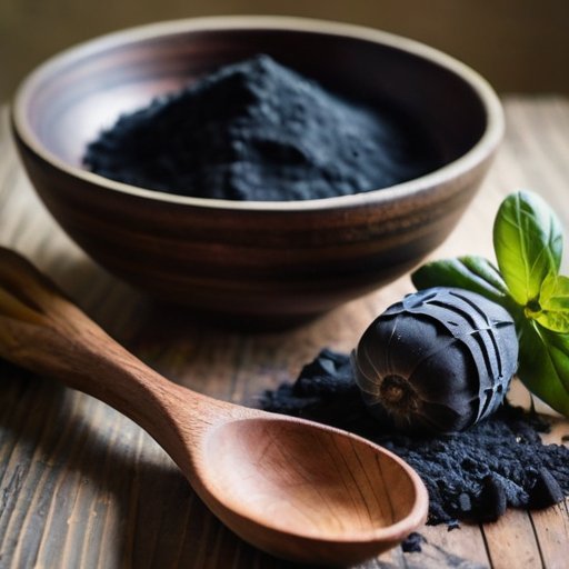 Рустикальная кухня с чашей активированного угля, свежими фруктами и травами.