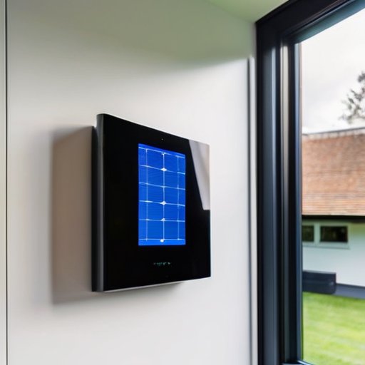 Современный Tesla Powerwall на стене в экологичном доме с солнечными панелями и зеленью за окном.