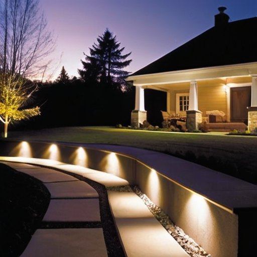 Солнечные и LED-лампы в спокойном саду на закате, подчеркивающие красоту и энергоэффективность.