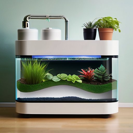 Современная система фильтрации воды рядом с flourishing садом, подчеркивающая важность фильтрованной воды для растений.