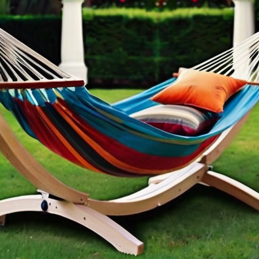 Тихая outdoor-сцена с двумя гамаками: один в саду на каркасе, другой между деревьями, окружённая зеленью и мягким солнечным светом.