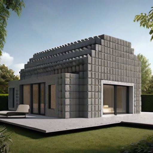 Современный экологичный дом из газобетонных блоков с ландшафтным садом и инструментами для строительства.