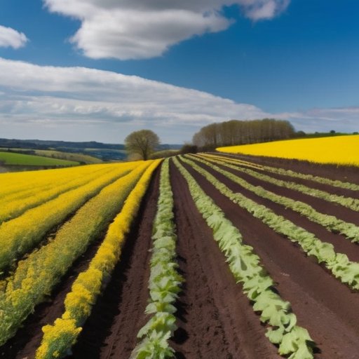Зеленое поле с яркими растениями рапса и горчицы под голубым небом, на переднем плане - темная почва с корнями и признаками жизни.