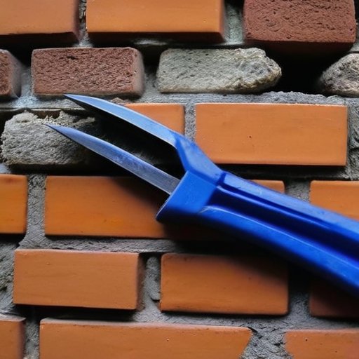 Кирпичная стена с трещинами и инструменты для ремонта на строительном участке.