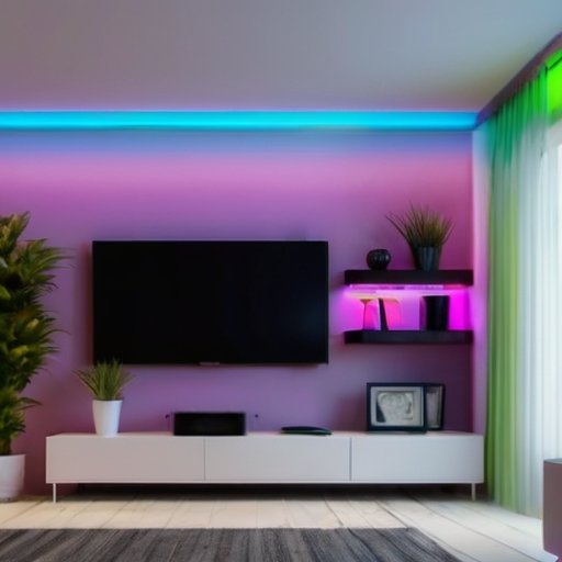 Современная гостиная с RGB подсветкой, уютная атмосфера, гармония мебели и декора.