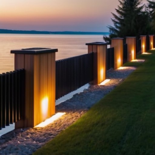 Современный забор с LED-подсветкой и солнечными фонарями в ландшафтном саду на закате.