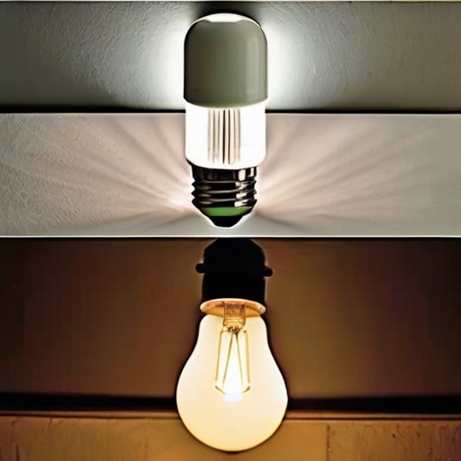 Светящийся LED-лампочка среди энергосберегающих ламп в современном экологичном интерьере.