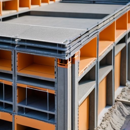 Современная строительная площадка с системой двойной стены, показывающая слои утепления и конструктивные элементы, инструменты и оборудование.
