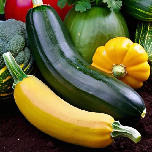 Сочный сад с зелеными цукини и патиссонами на фоне яркого солнечного света.