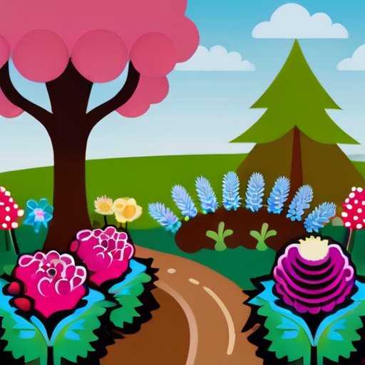 Весенний сад с ягодными кустами, инструментами и цветами под ясным небом.