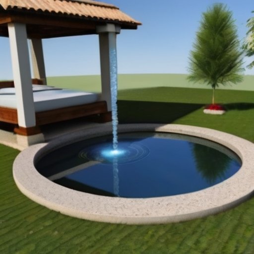 Современный артезианский колодец в живописном ландшафте с чистой водой, окруженный зеленью и цветами.