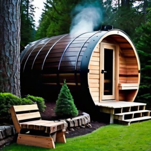 Деревянная баня в окружении сосен и тумана.