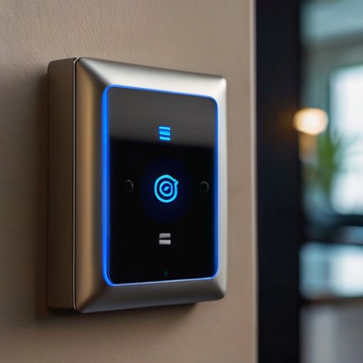 Современный настенный бесконтактный переключатель с подсветкой в минималистичном интерьере.