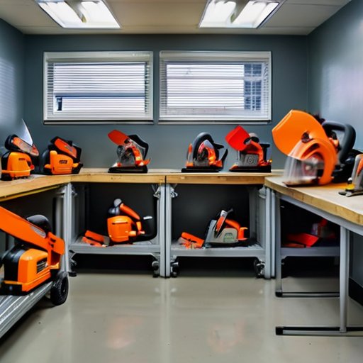 Организованная мастерская с цепными пилами и средствами безопасности.