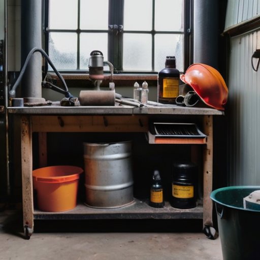 Организованная мастерская с инструментами на верстаке, винтажный котел, средства безопасности и контрольный список.