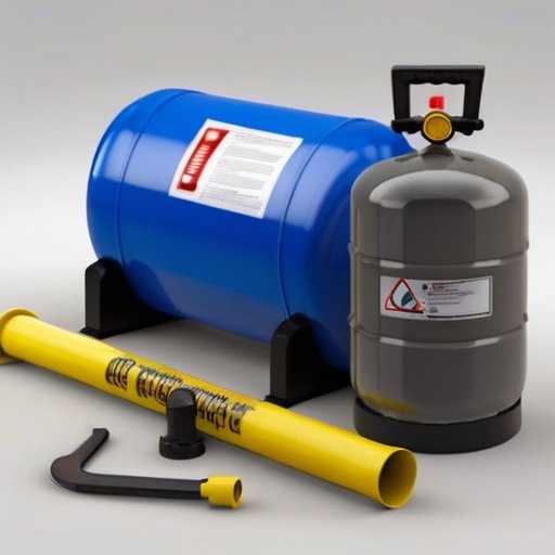 Газовый баллон в светлом workshop, инструменты рядом, схема процесса дренажа конденсата с символами безопасности.