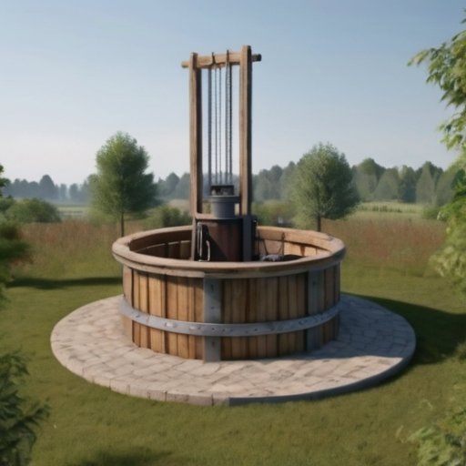 Сельский круглый колодец с деревянной конструкцией, окруженный инструментами для бурения, на фоне зелени и ясного неба.