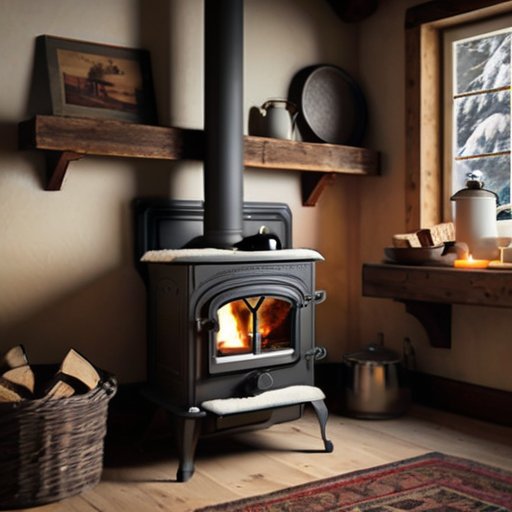 Уютный интерьер с чугунной печью, деревянным декором и зимним пейзажем за окном.