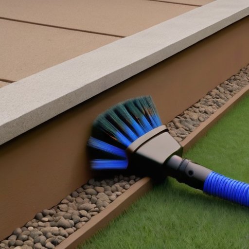 Чистый фундамент здания с ухоженной дорожкой и аккуратно расположенными инструментами для уборки.