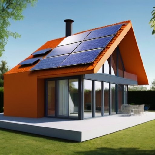 Современный дом из SIP-панелей с солнечными батареями и большими окнами на фоне голубого неба и зелёного ландшафта.