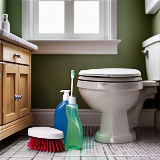 Чистый туалет с принадлежностями для уборки и вывеской