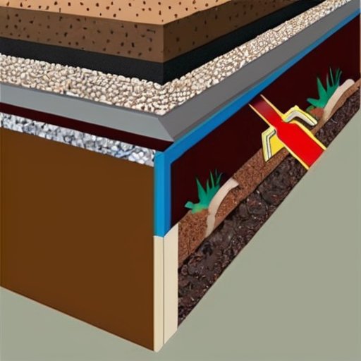 Схема дренажной системы с четкими слоями: геотекстиль, дренажная труба, гравий и почва.