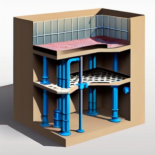 Схема современного сантехнического системы квартиры с детализацией труб, сливов и вентиляционных стояков в чистом подвале.