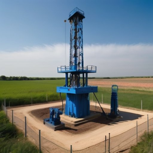 Картинка буровой скважины в чистом окружении с фильтром и защитной сеткой, инструменты для механической очистки рядом, на фоне синего неба и зелени.