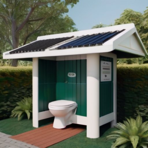 Чистый уличный туалет в природе с компостными контейнерами и яркими растениями, символизирующими экосистему.