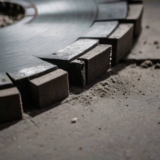 Алмазный диск пилит бетон, вокруг пыль и текстуры, строительная площадка на фоне.