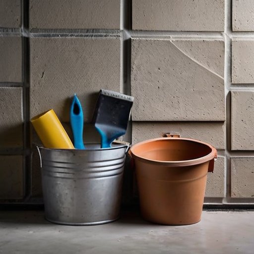 Стена из бетонных блоков с новым слоем штукатурки и строительными инструментами.