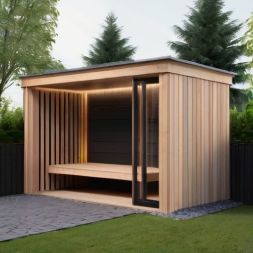 Уютный вход в сауну с деревянной конструкцией, вентиляционными решетками, теплым освещением и зеленью вокруг.