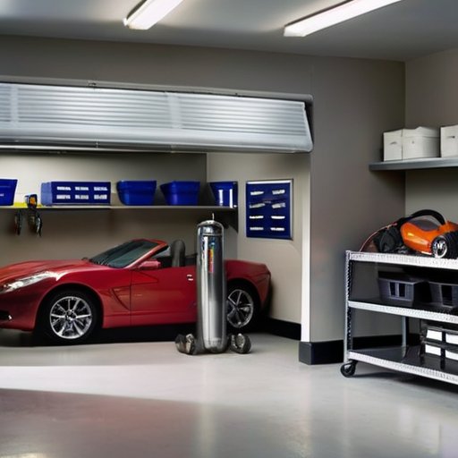 Современный интерьер гаража с системой вентиляции, включающей вентилятор и воздуховоды, организованное пространство с инструментами.