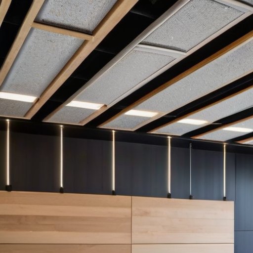 Деревянный потолок с интегрированными звукоизоляционными материалами.