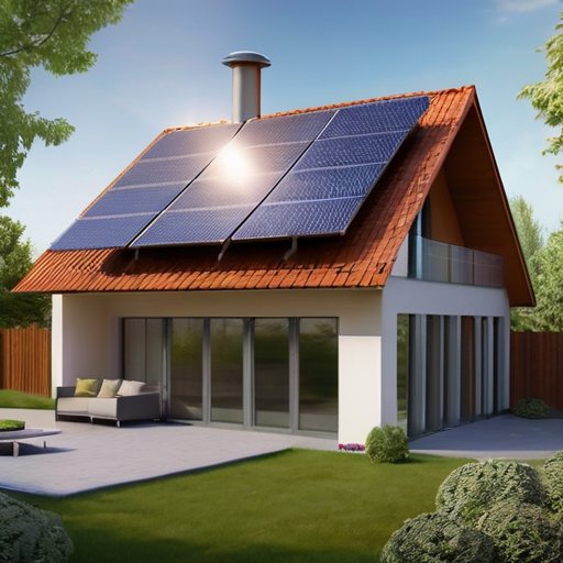 Уютный энергоэффективный дом в природе с солнечными панелями и ветряной турбиной.