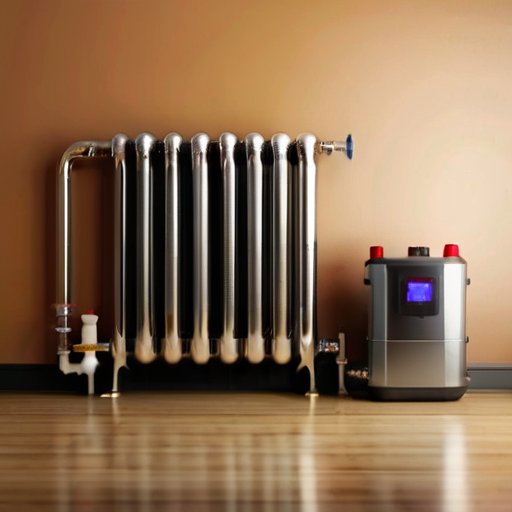 Современная система отопления: радиаторы, трубы, котел и инструменты для обслуживания.