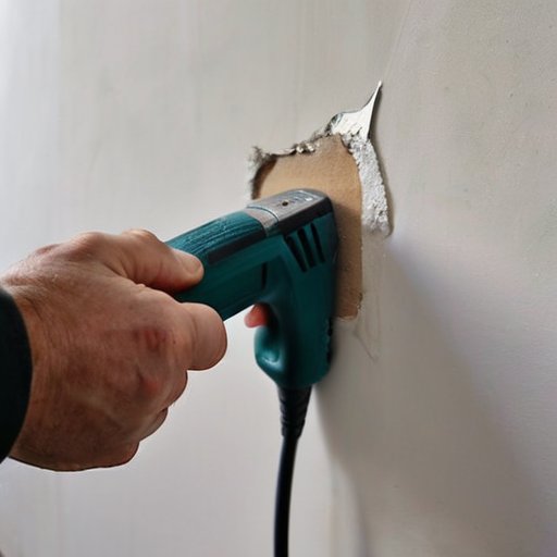 Чистая, свежезаделанная стена с видимыми участками от удалённых металлических маяков, инструменты для ремонта рядом.