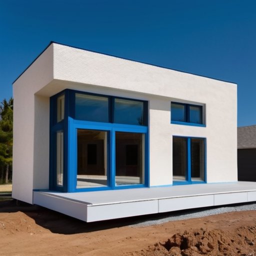 Современный дом из СИП-панелей с утепленной фасадой, инструментами на земле и ясным небом.