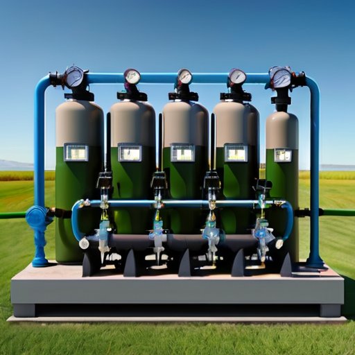 Современная насосная станция с трубами, клапанами и манометром, инструменты для обслуживания и чек-лист на фоне ясного неба и зелени.