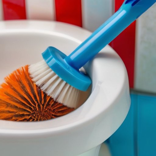 Чистое унитаз с удалёнными минеральными отложениями и средствами для уборки: уксус, сода и щётка. Современный, яркий интерьер ванной.