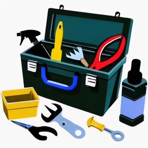 Инструментальный ящик с аккуратно размещёнными инструментами для удаления жидких гвоздей и защитной экипировкой.