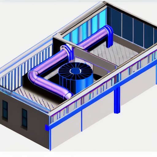 Чертеж системы вентиляции для жилых и коммерческих зданий с обозначениями воздуховодов, вентиляторов и фильтров.