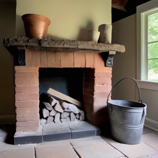 Ремонт камина с видимыми трещинами, окружённого инструментами и мешками глины, создающий уютную атмосферу.