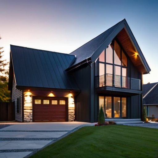 Современный дом с красивым фронтальным фронтоном, отделанным деревом, винилом и цементными панелями на фоне спокойной природы.