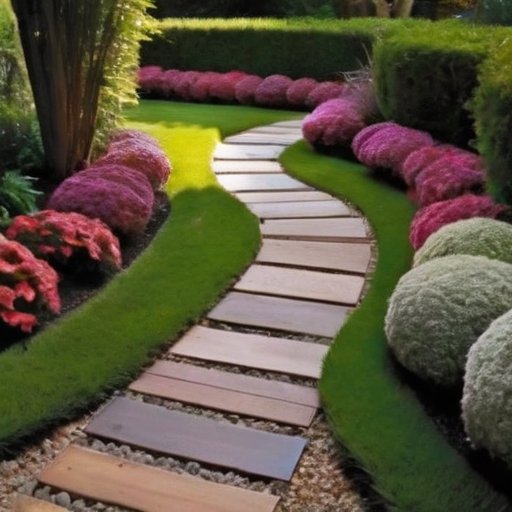 Дизайнерская садовая дорожка из кирпичей, деревянных досок и гравия, окруженная зеленью и декоративными элементами.