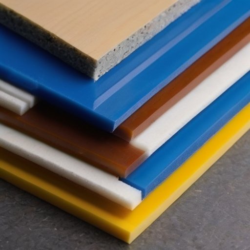 Складка жестких синих пенополистирольных плит на строительной площадке с инструментами и недостроенным зданием на фоне.